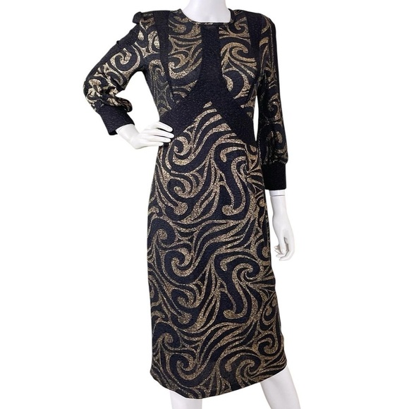 Kayla Tally Taylor Metallic Swirl Stretch Formal Evening Dress Black Gold Size 8 - Picture 9 of 9
